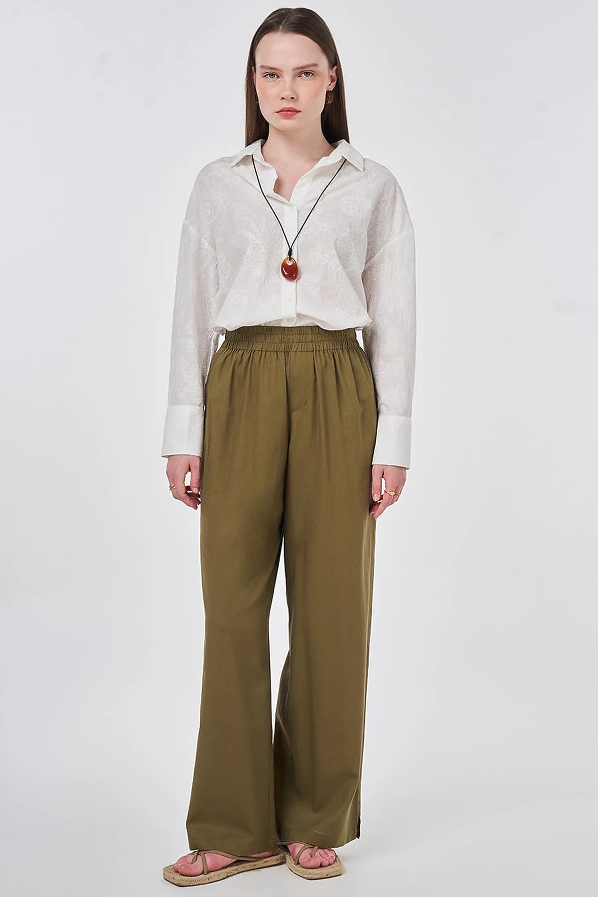 Elastic Waist Linen Trousers Khaki