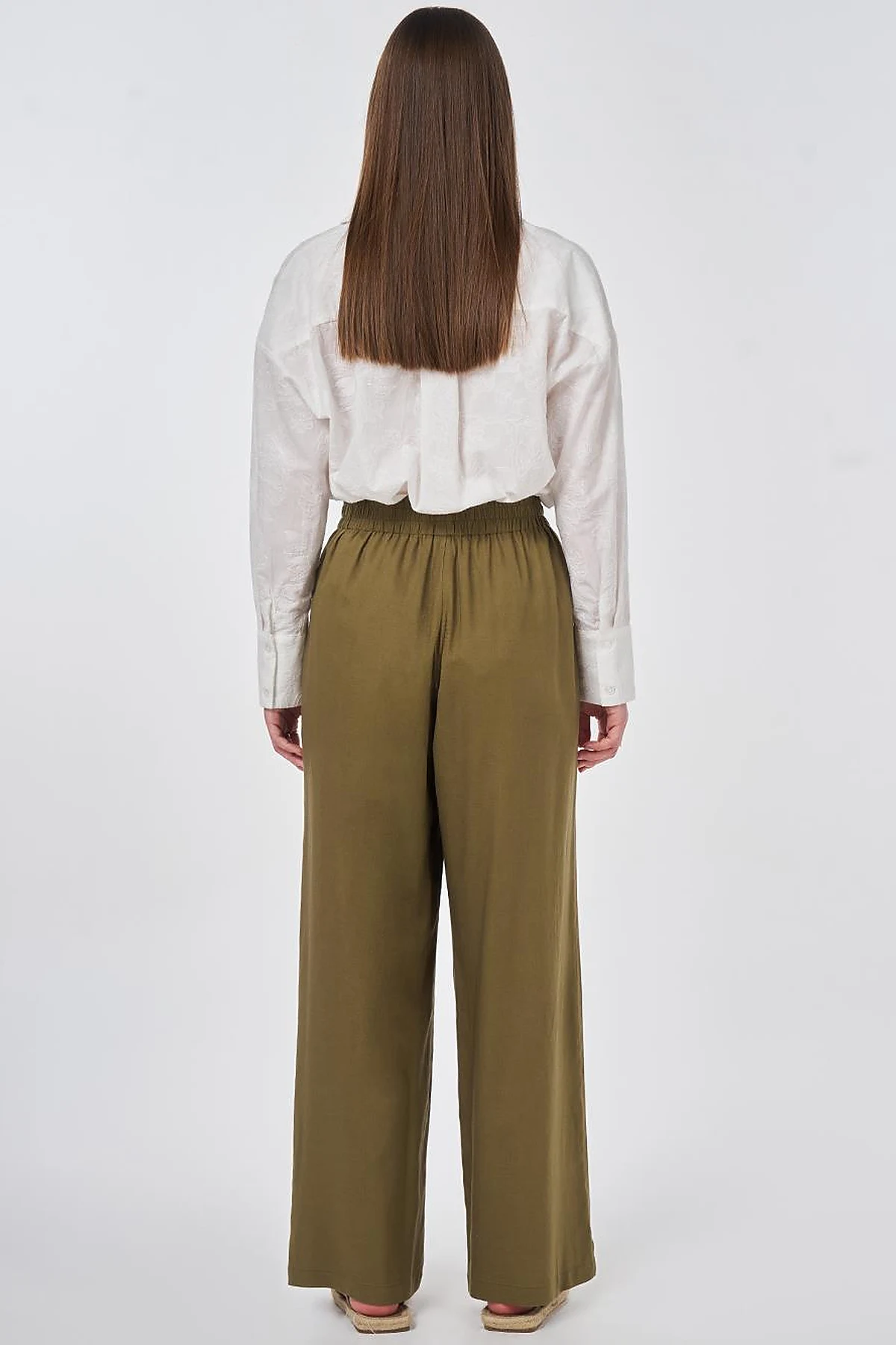 Elastic Waist Linen Trousers Khaki