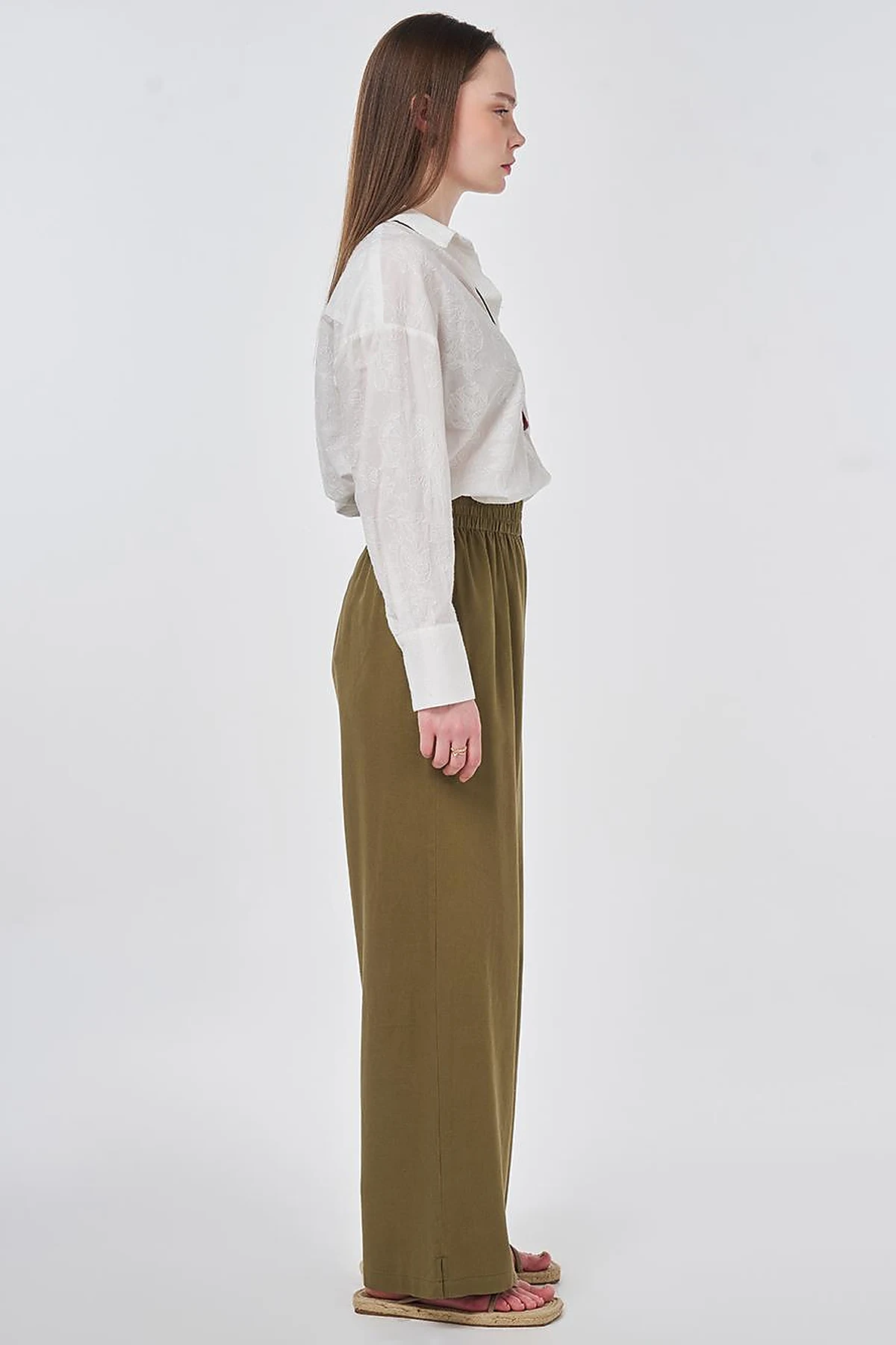 Elastic Waist Linen Trousers Khaki