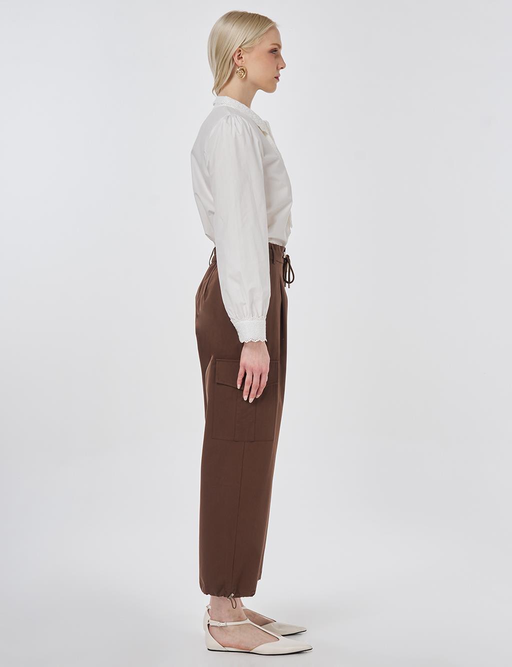 High-Waist Cargo Pocket Trousers Dark Brown
