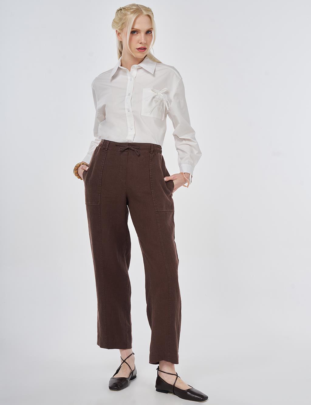 100% Linen Panel-Seamed Trousers Chocolate