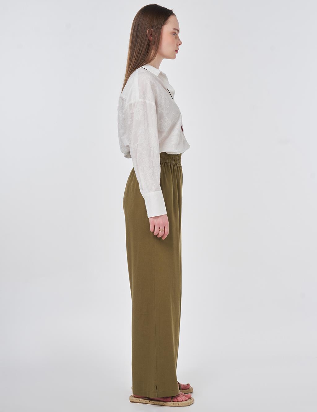 Elastic Waist Linen Trousers Khaki