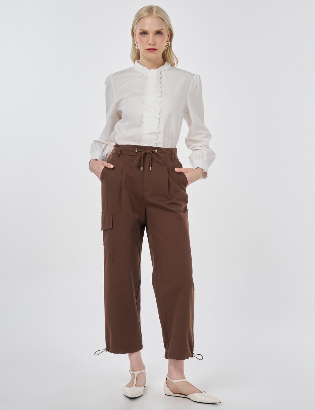 High-Waist Cargo Pocket Trousers Dark Brown