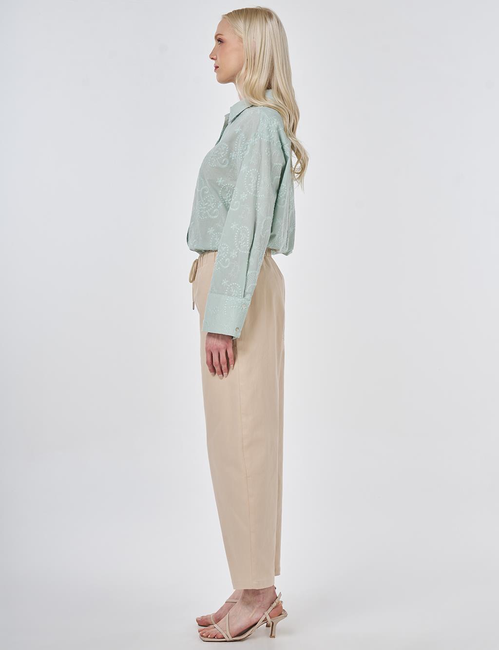 Elastic Waist Carrot Fit Trousers Beige