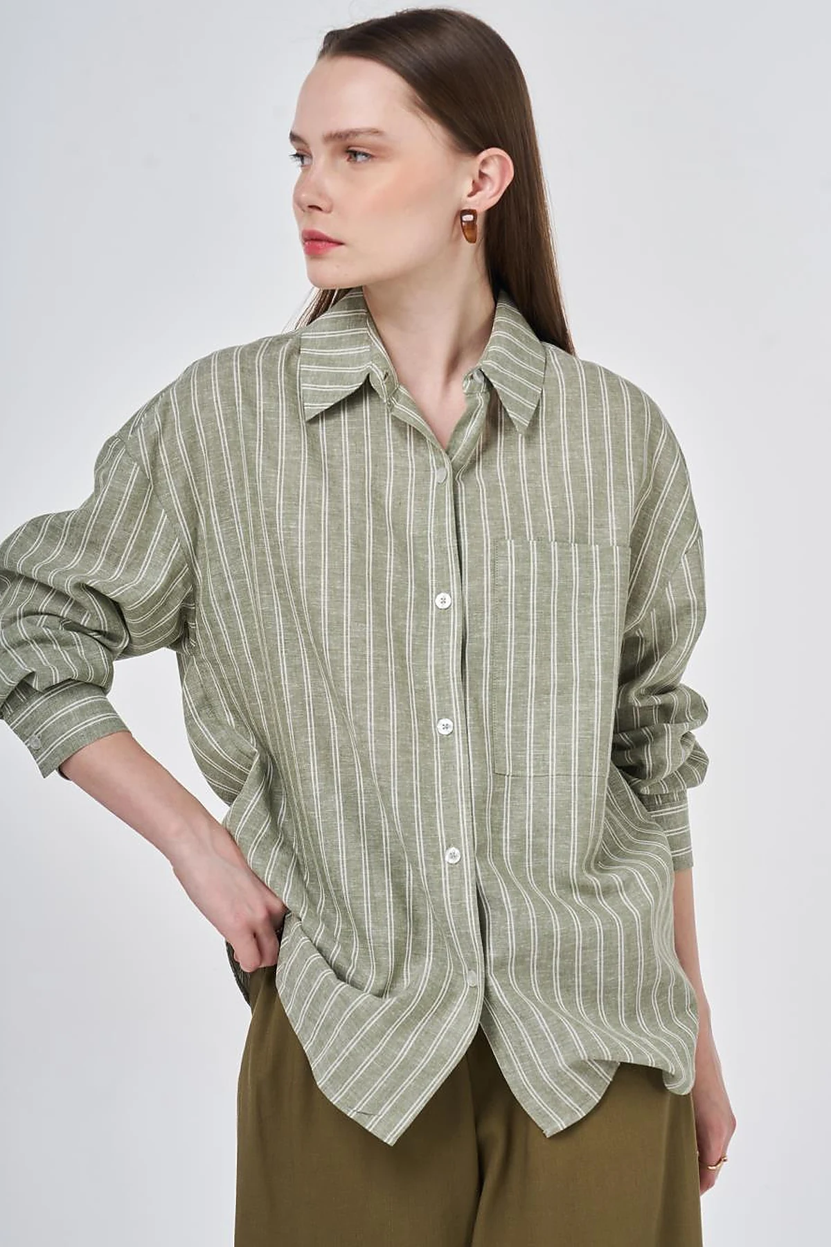 Single-Pocket Cotton Linen Tunic Khaki