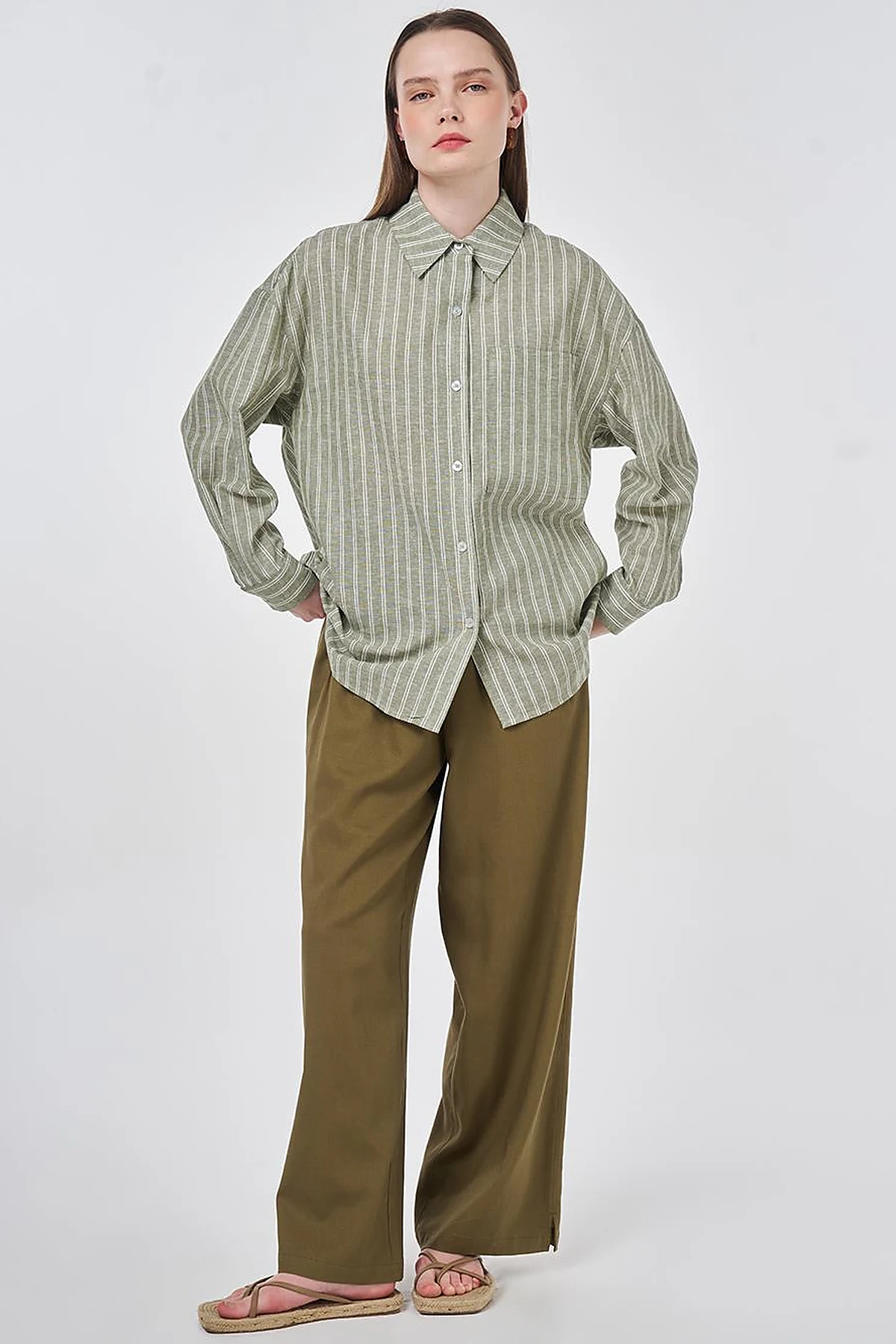 Single-Pocket Cotton Linen Tunic Khaki