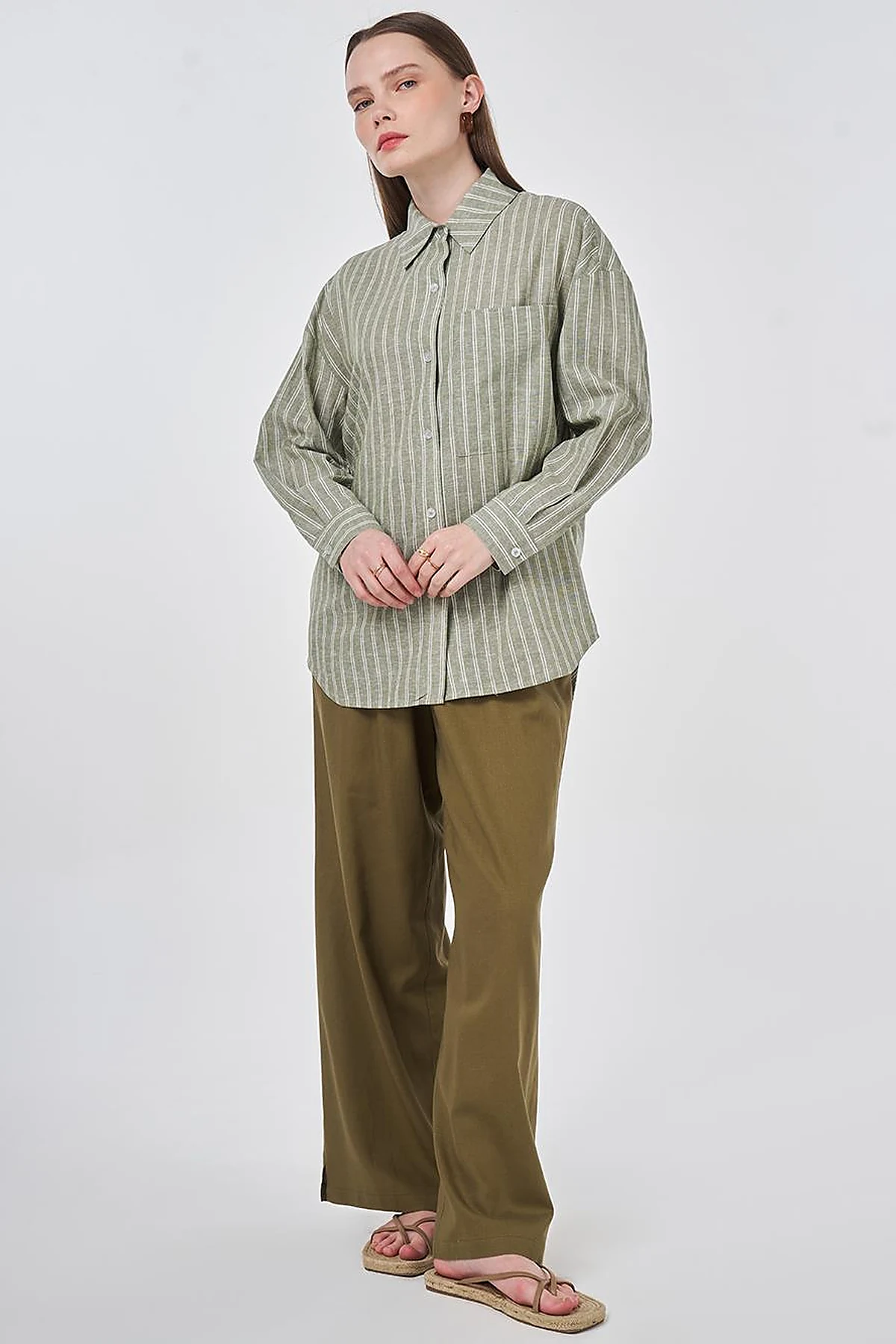 Single-Pocket Cotton Linen Tunic Khaki