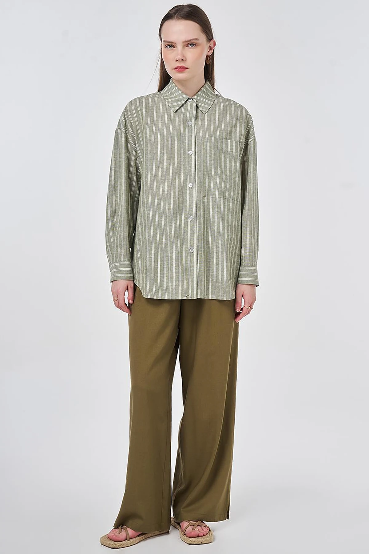 Single-Pocket Cotton Linen Tunic Khaki