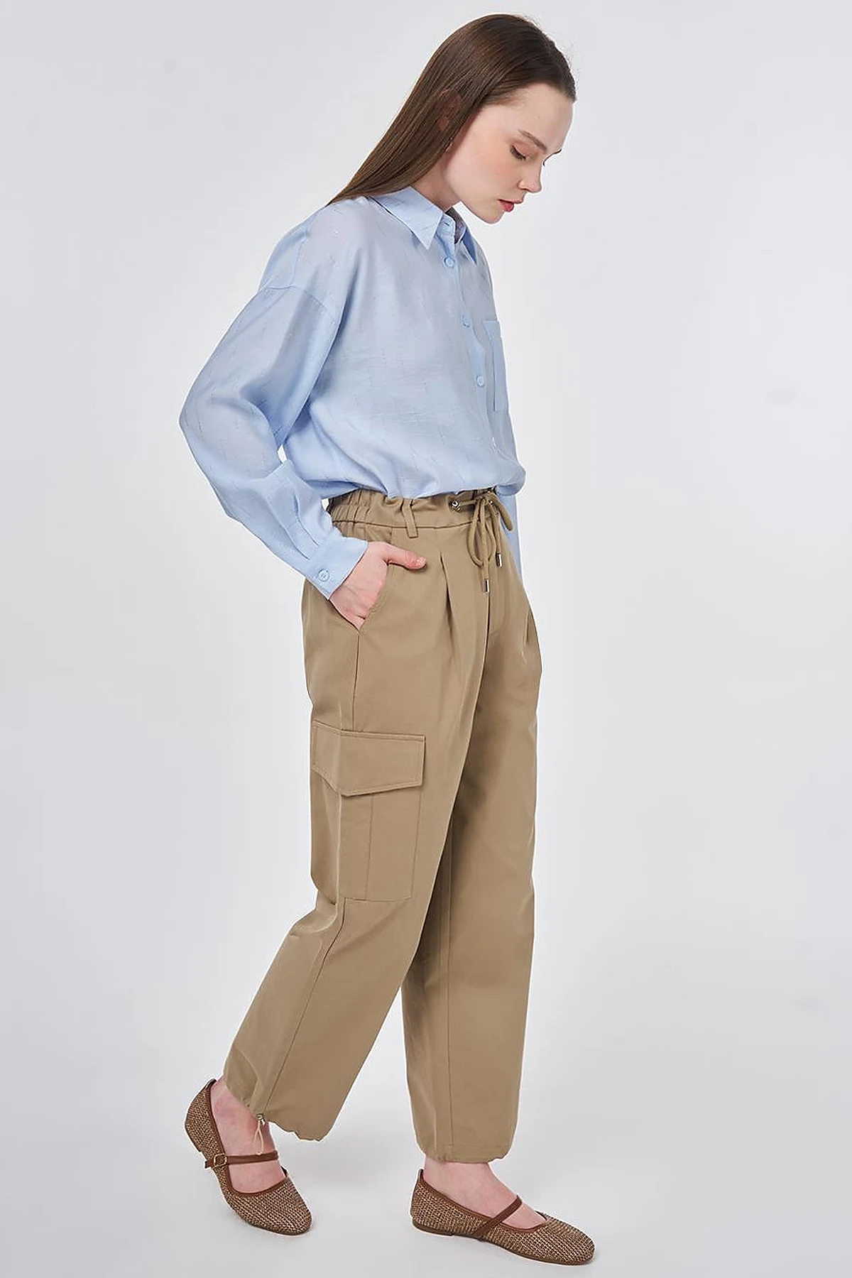 High Waist Cargo Pocket Trousers Dark Brown