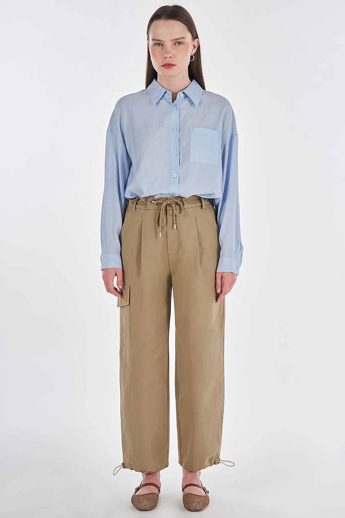 High Waist Cargo Pocket Trousers Dark Brown