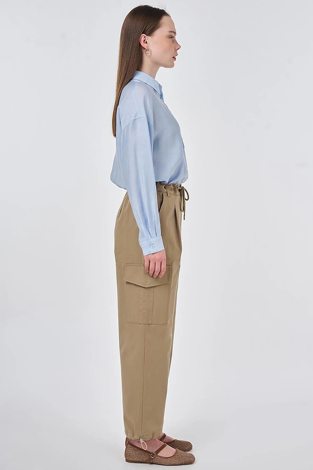 High Waist Cargo Pocket Trousers Dark Brown