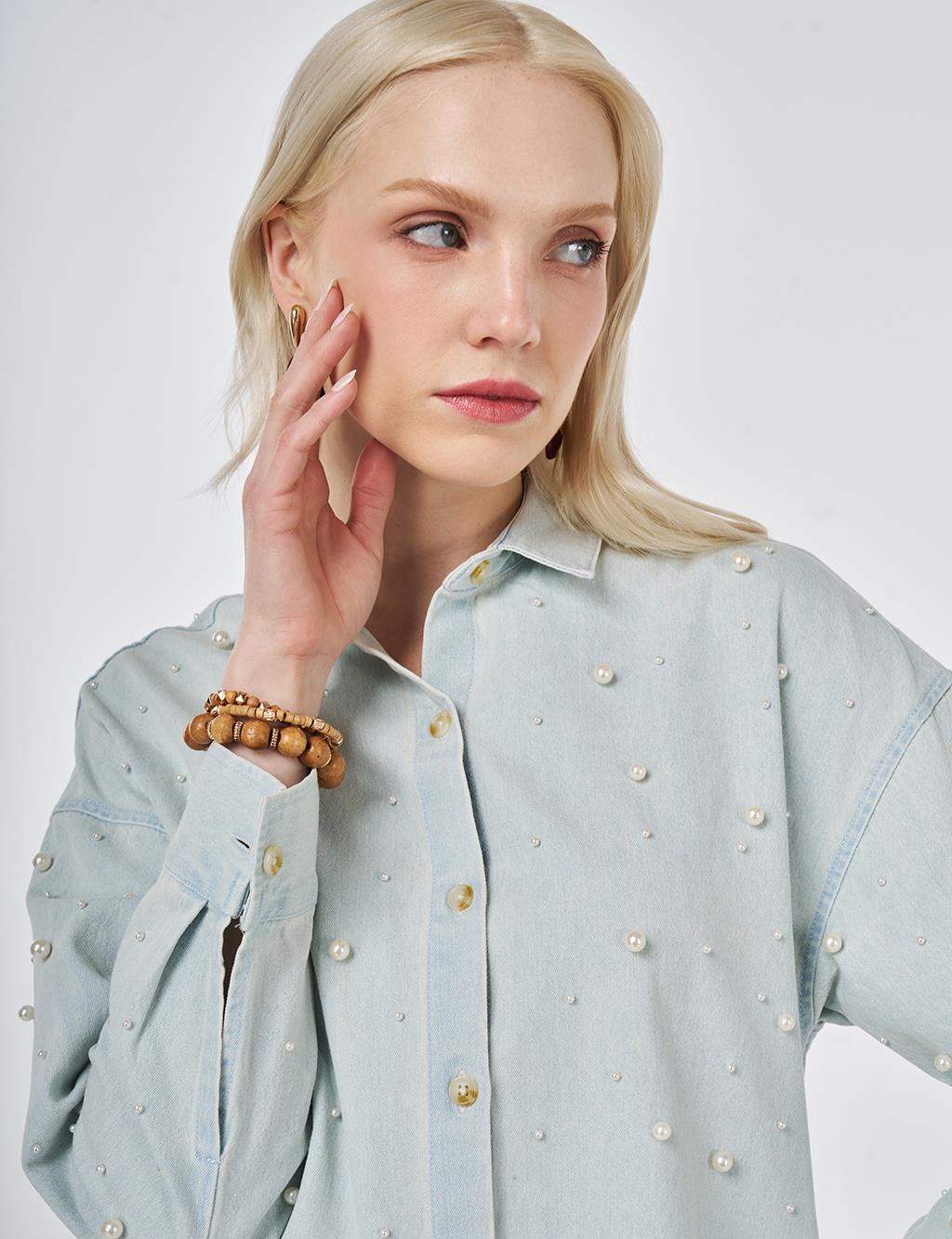 Pearl-Embellished Denim Light Blue Tunic