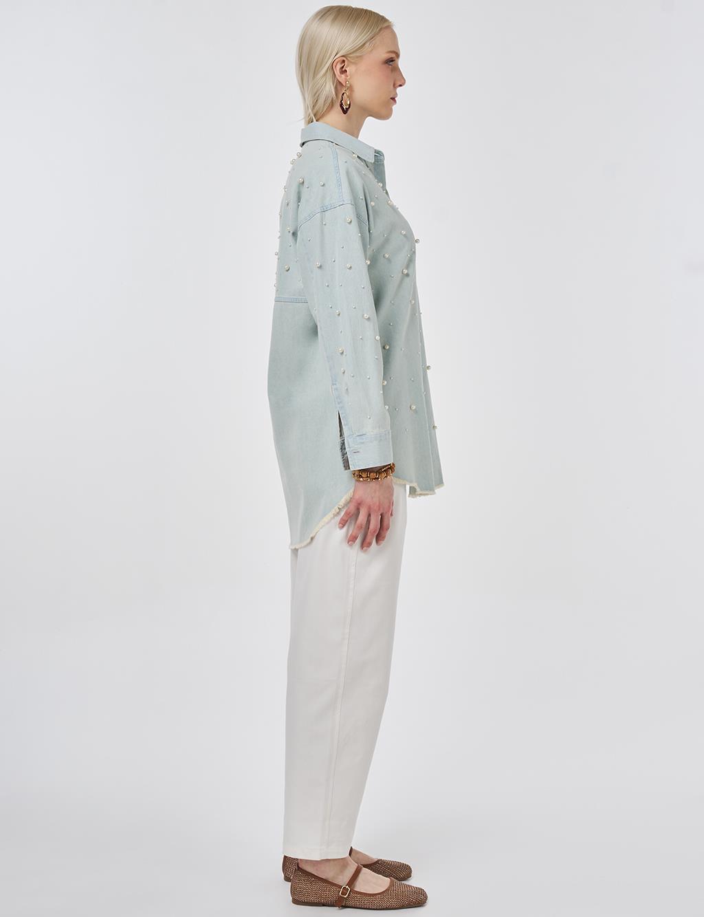 Pearl-Embellished Denim Light Blue Tunic