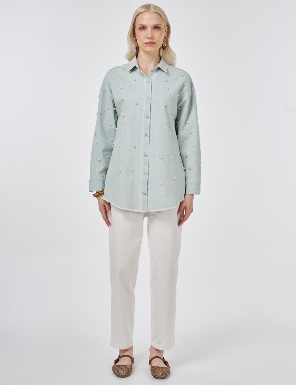 Pearl-Embellished Denim Light Blue Tunic