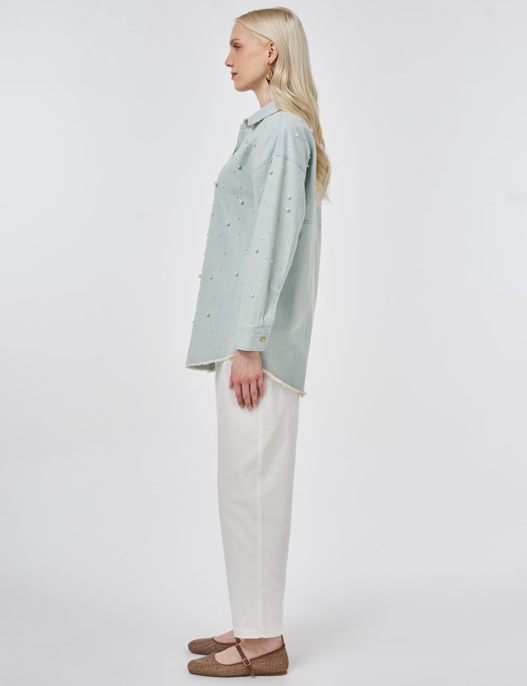 Pearl-Embellished Denim Light Blue Tunic
