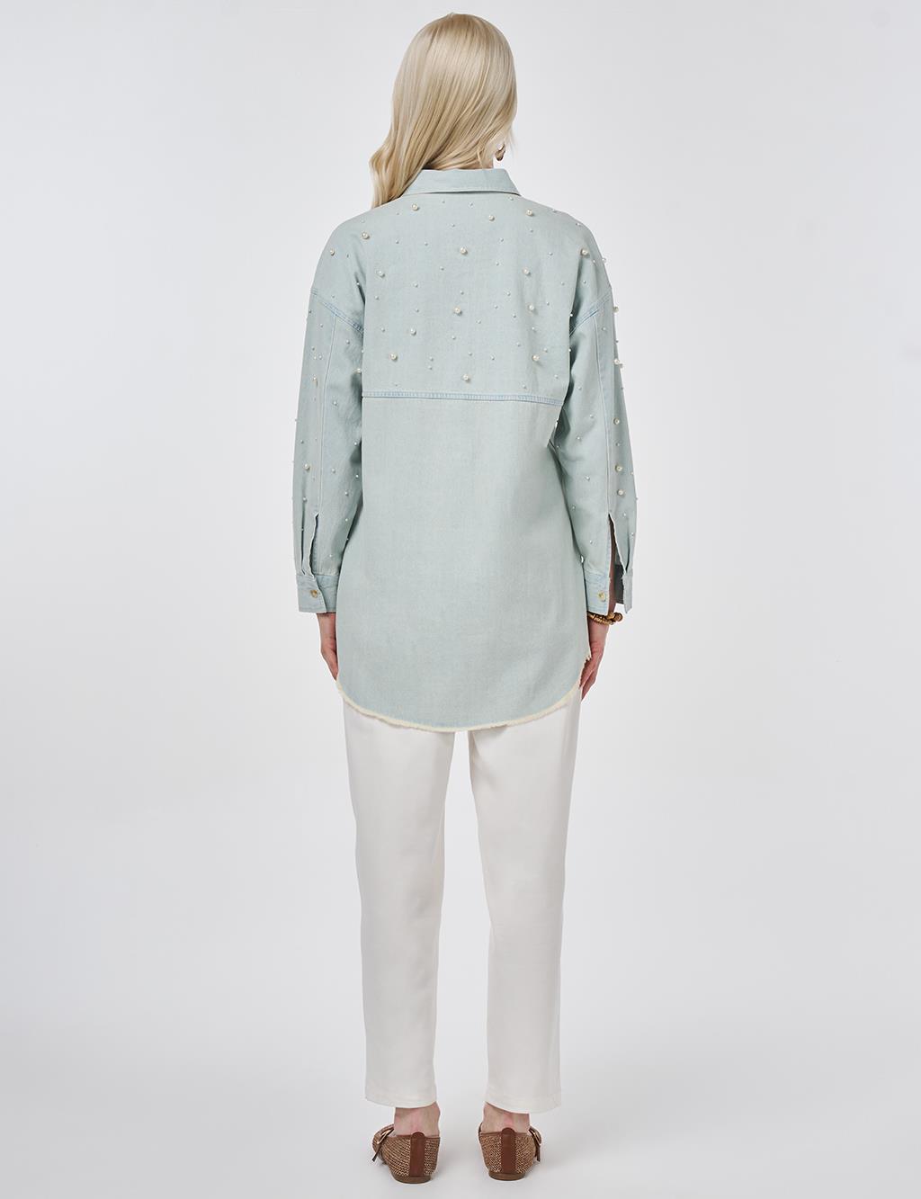 Pearl-Embellished Denim Light Blue Tunic