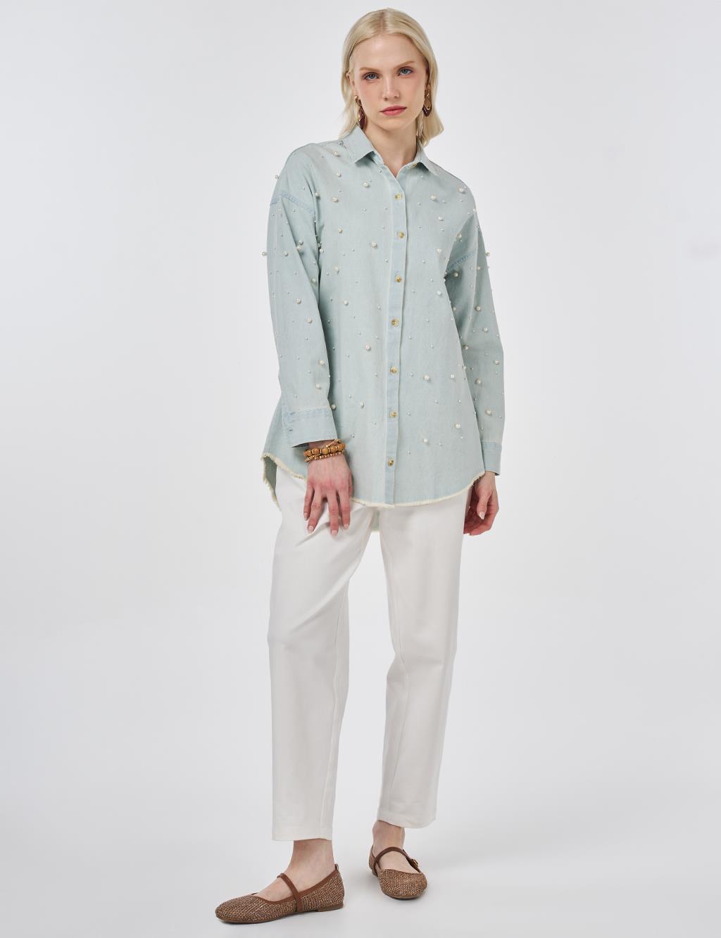 Pearl-Embellished Denim Light Blue Tunic