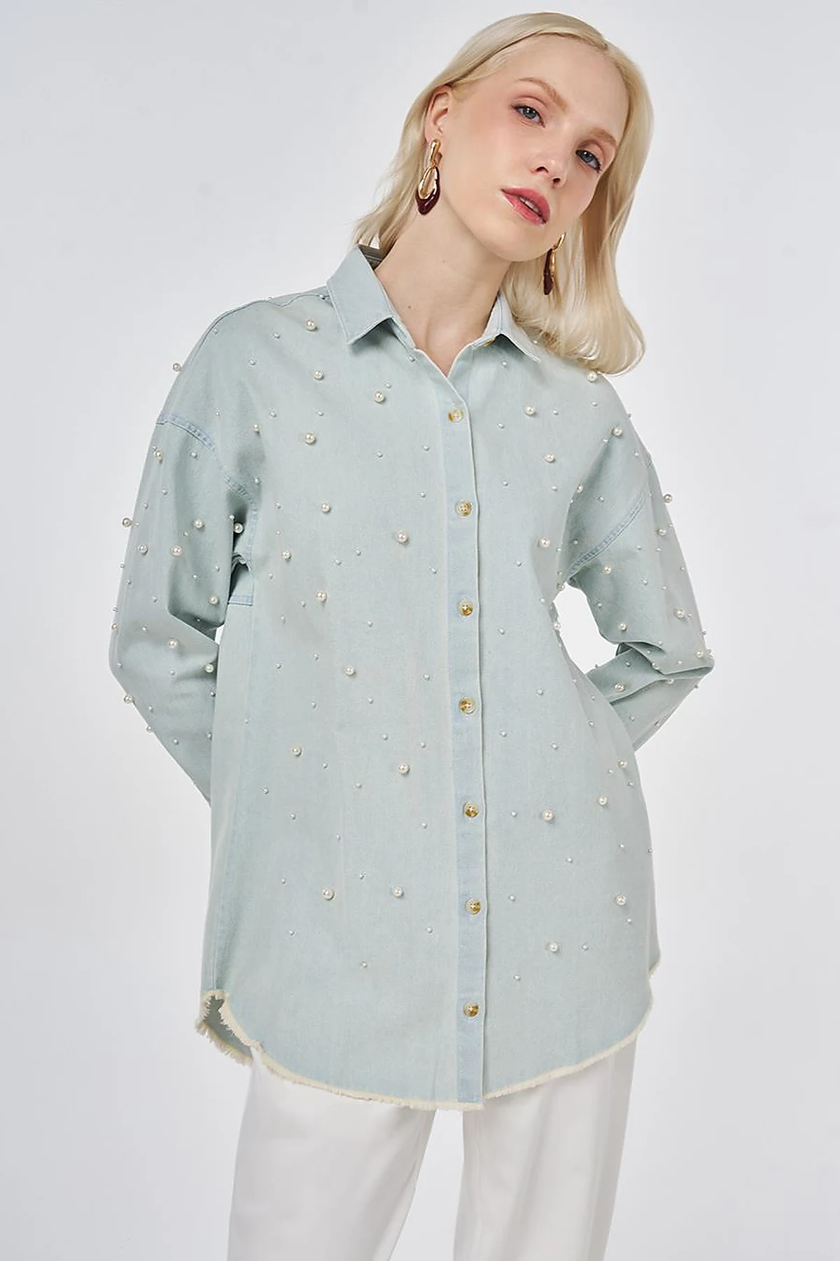 Pearl-Embellished Denim Light Blue Tunic