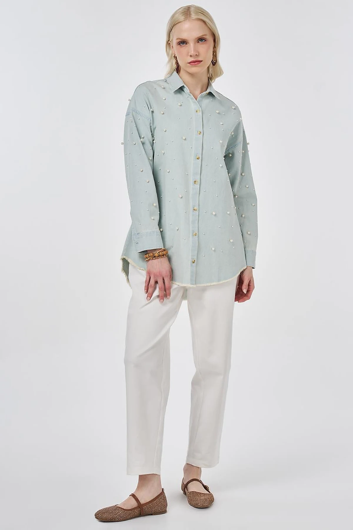 Pearl-Embellished Denim Light Blue Tunic