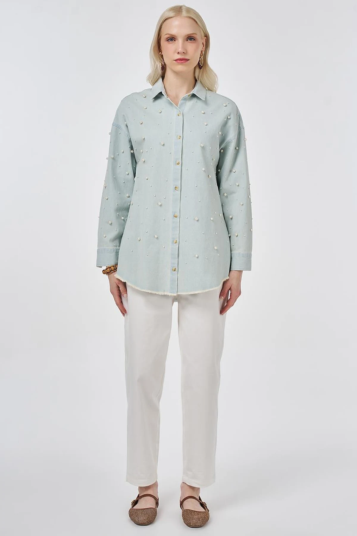 Pearl-Embellished Denim Light Blue Tunic