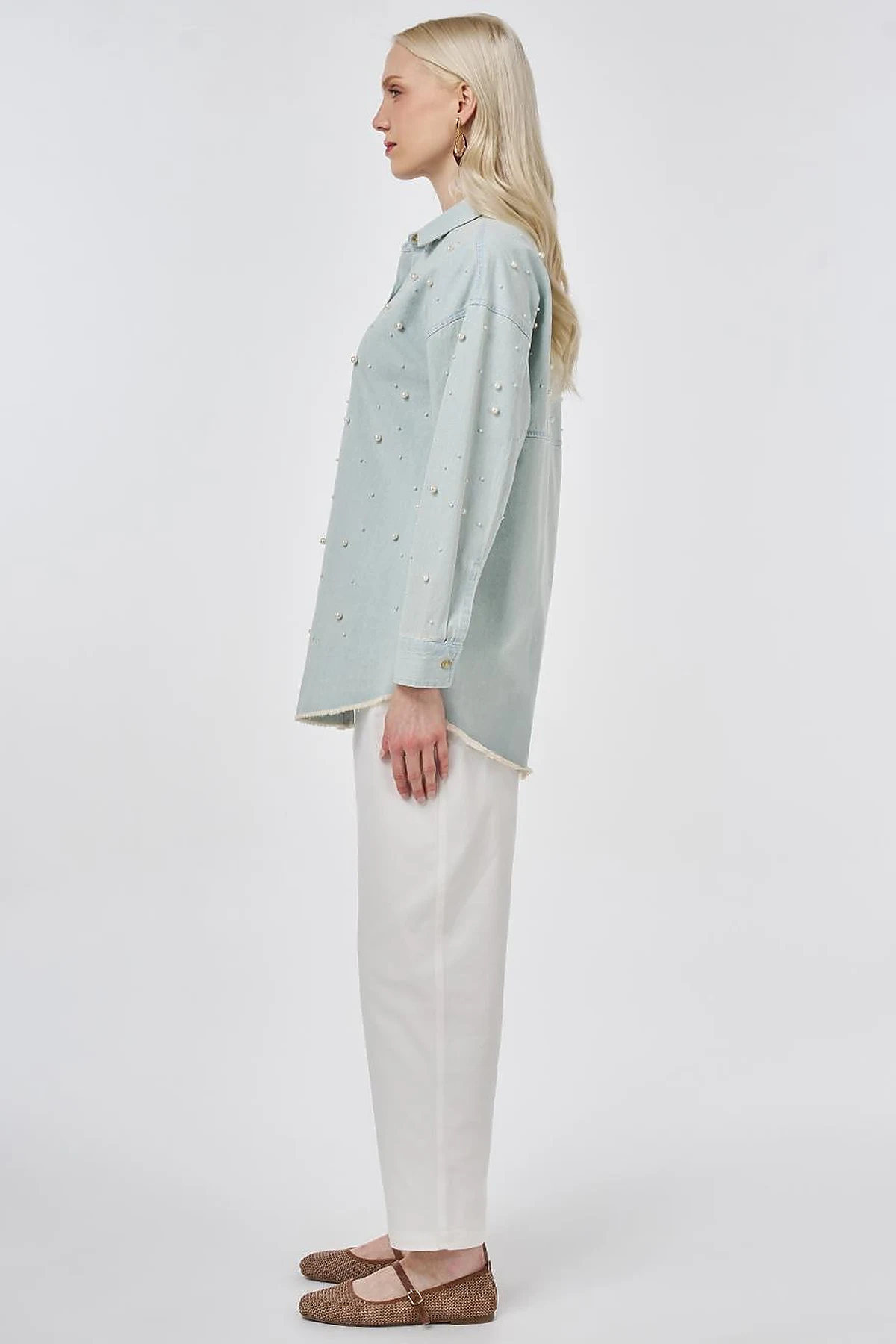 Pearl-Embellished Denim Light Blue Tunic