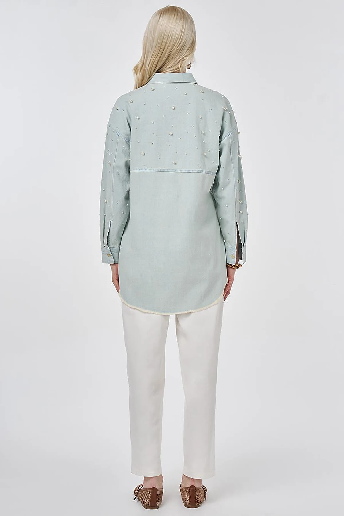 Pearl-Embellished Denim Light Blue Tunic