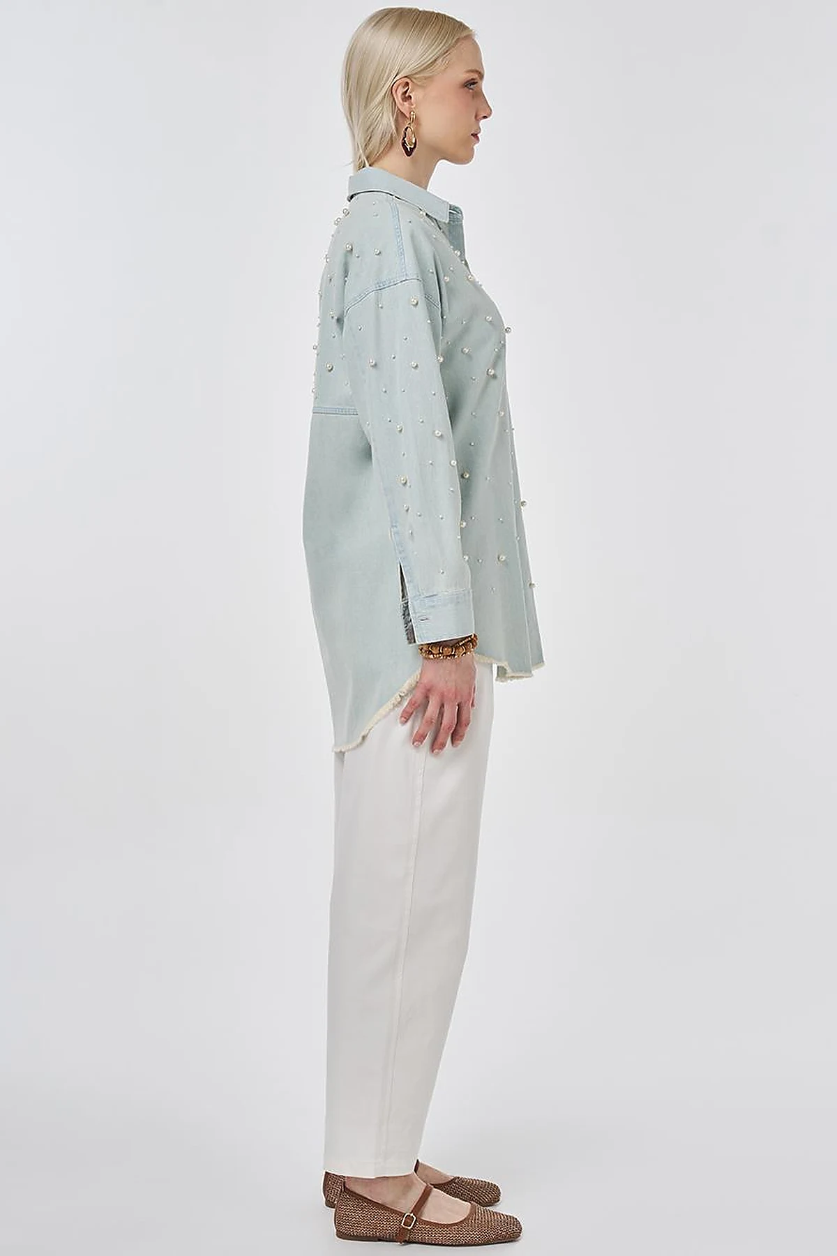 Pearl-Embellished Denim Light Blue Tunic