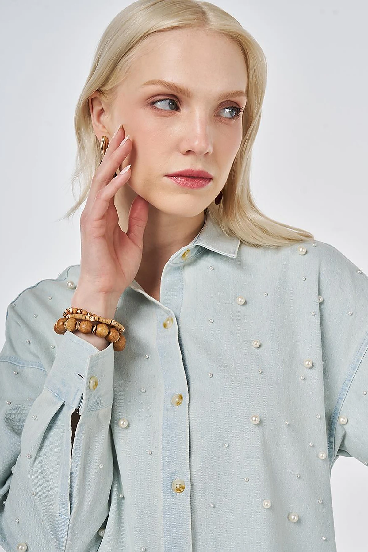 Pearl-Embellished Denim Light Blue Tunic