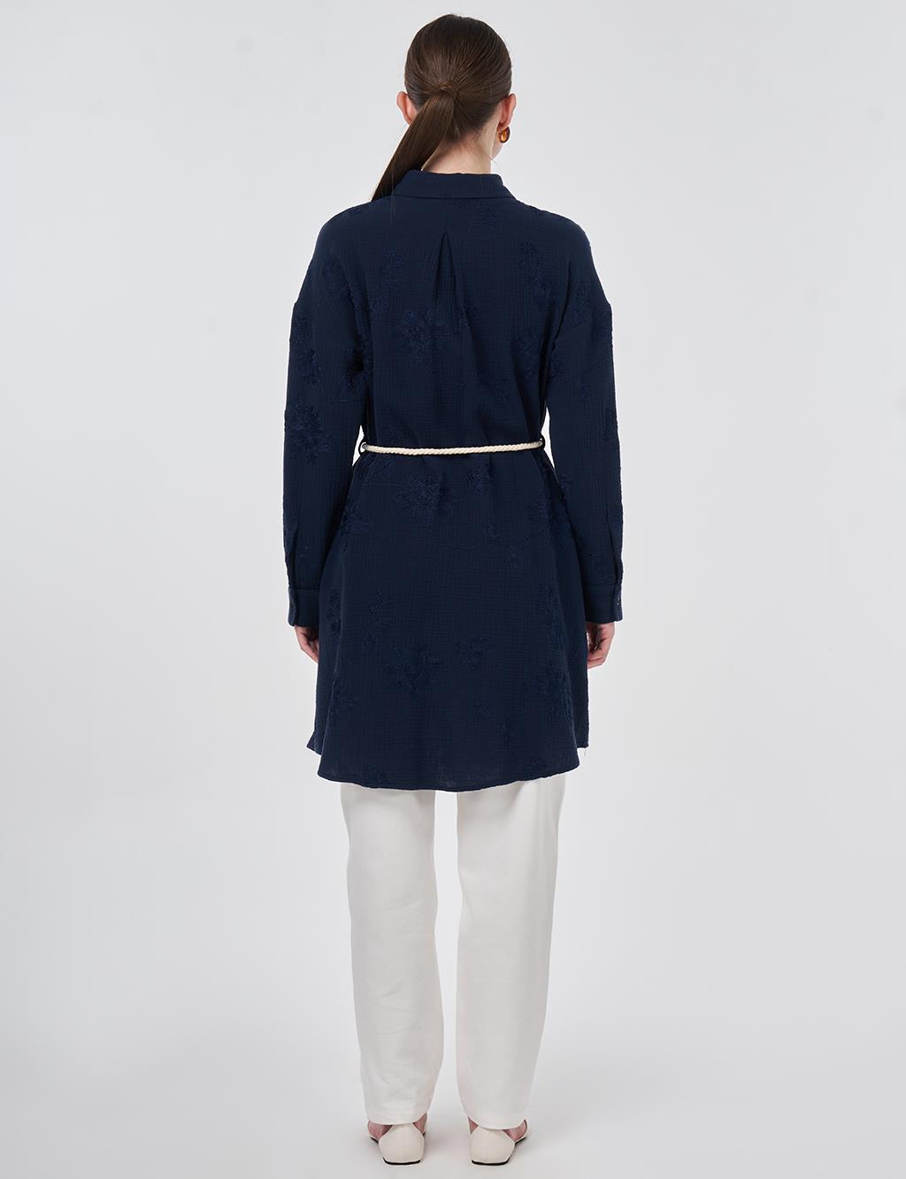 Hasır İp Kemer Detaylı Pamuklu Tunik Koyu Lacivert