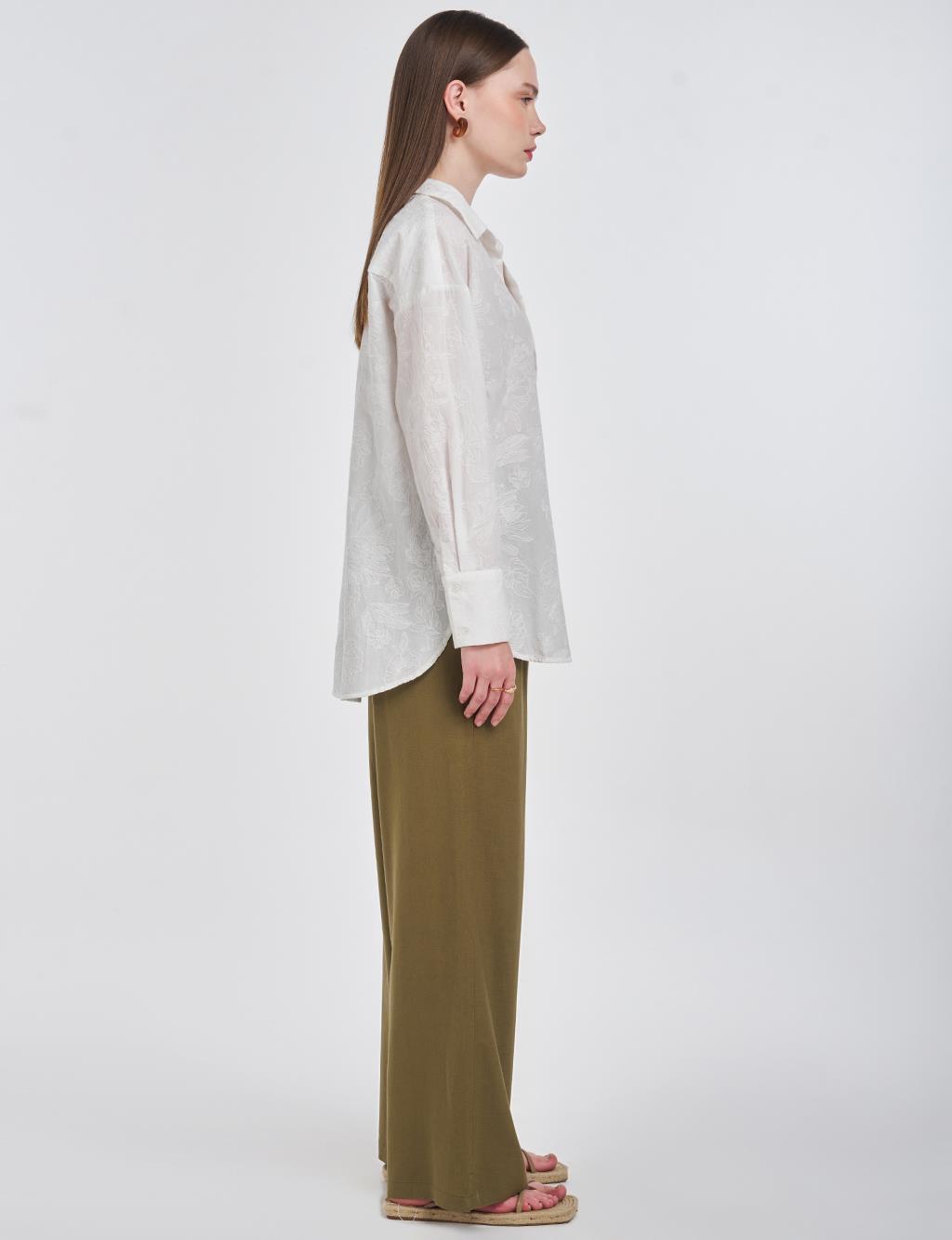 %100 Pamuklu Nakışlı Tunik Ekru 