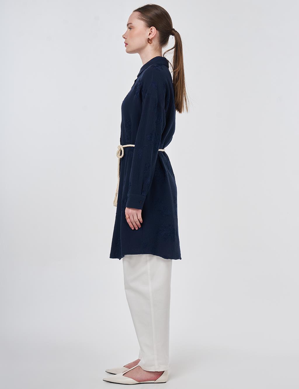 Hasır İp Kemer Detaylı Pamuklu Tunik Koyu Lacivert