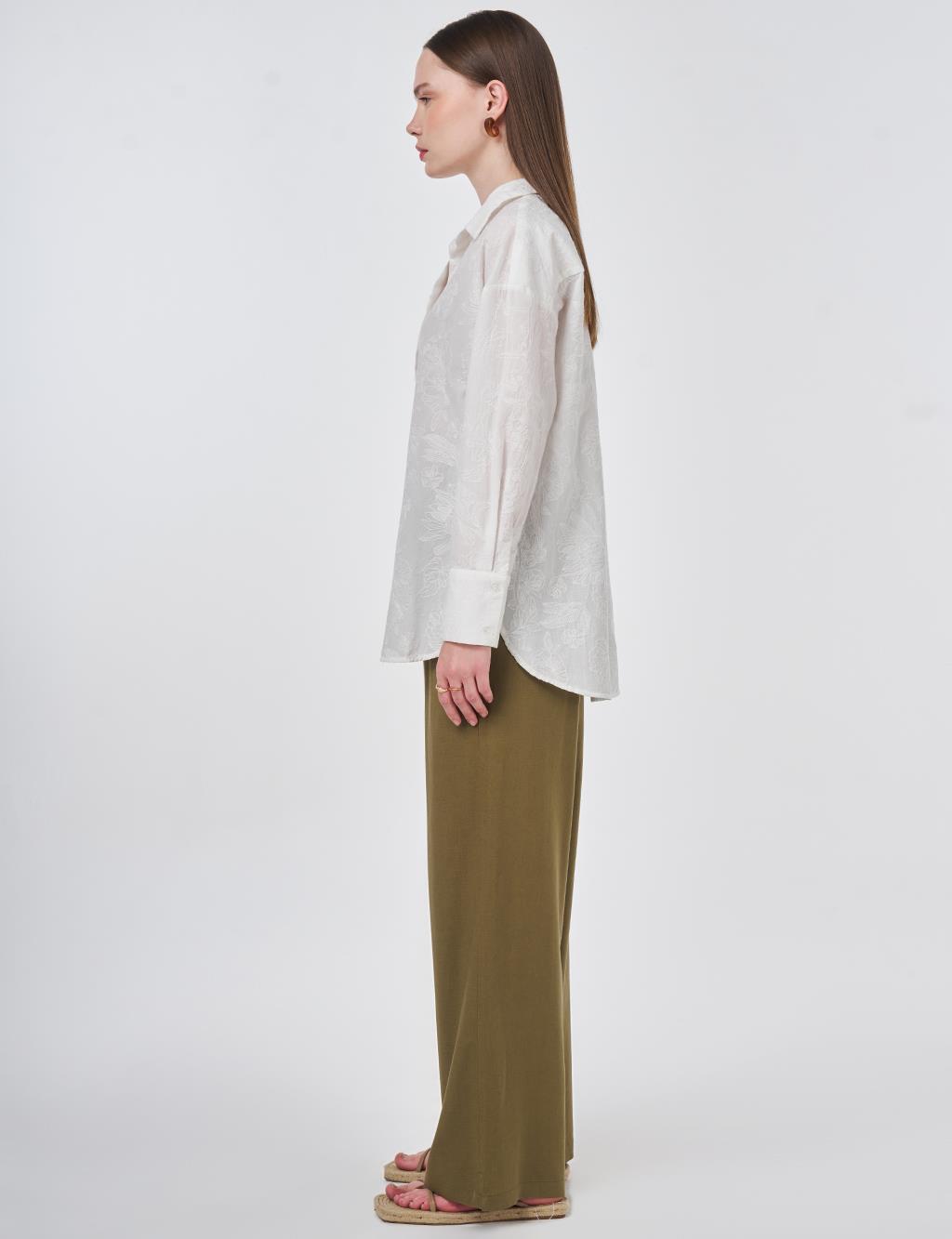 %100 Pamuklu Nakışlı Tunik Ekru 