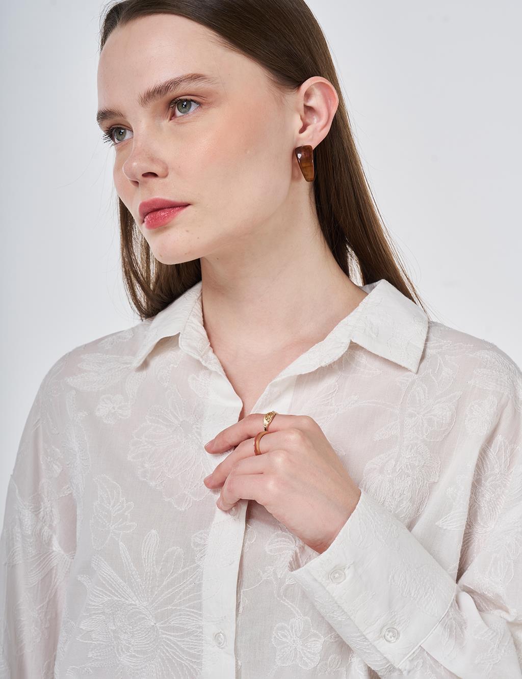 %100 Pamuklu Nakışlı Tunik Ekru 