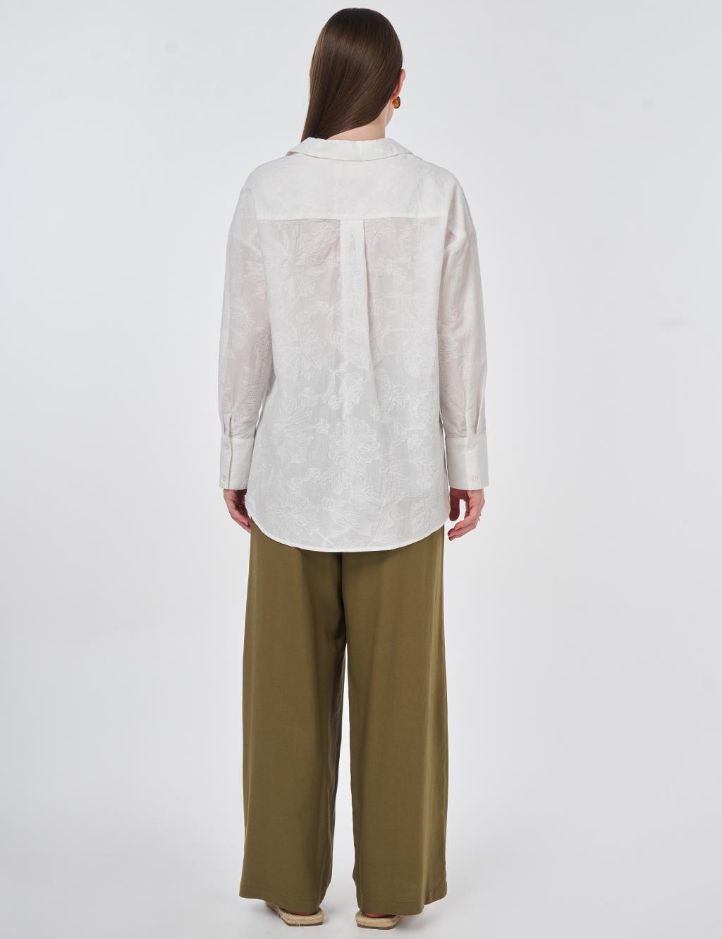 %100 Pamuklu Nakışlı Tunik Ekru 