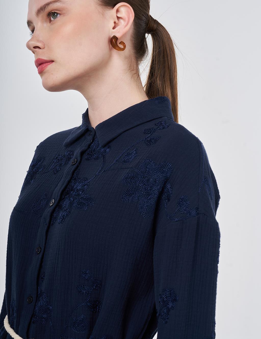 Hasır İp Kemer Detaylı Pamuklu Tunik Koyu Lacivert