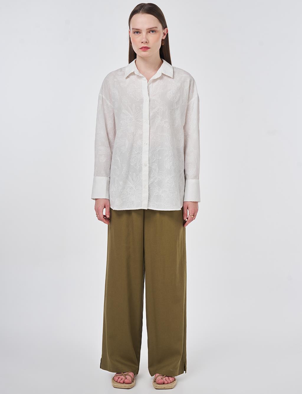 %100 Pamuklu Nakışlı Tunik Ekru 