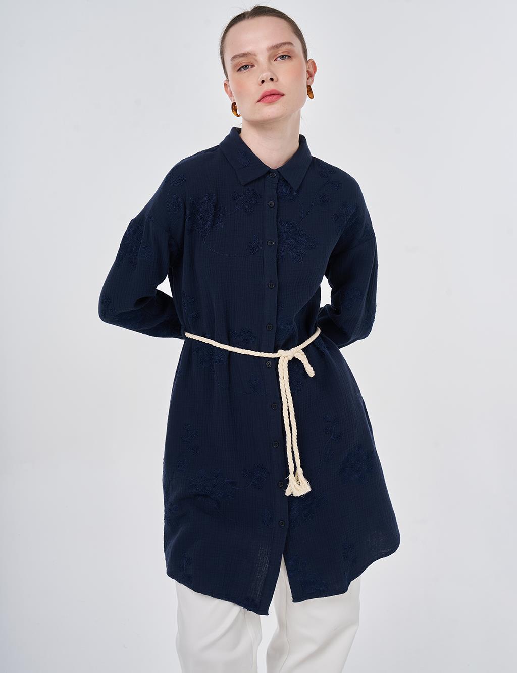 Hasır İp Kemer Detaylı Pamuklu Tunik Koyu Lacivert