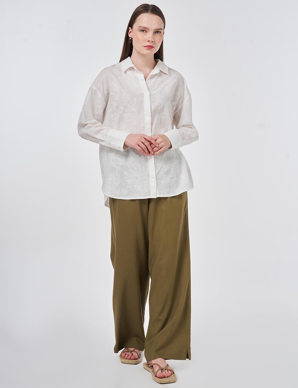 %100 Pamuklu Nakışlı Tunik Ekru 