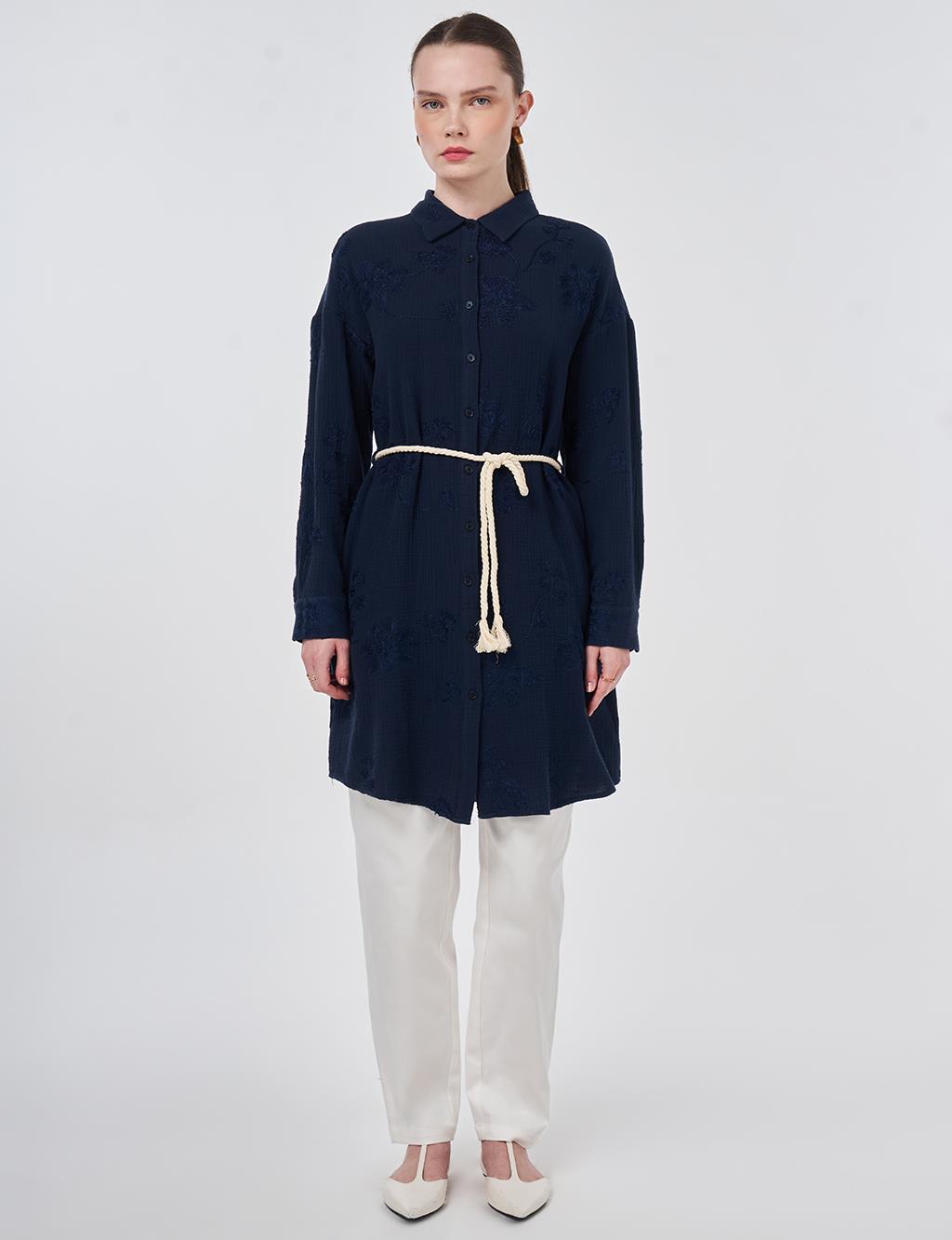 Hasır İp Kemer Detaylı Pamuklu Tunik Koyu Lacivert