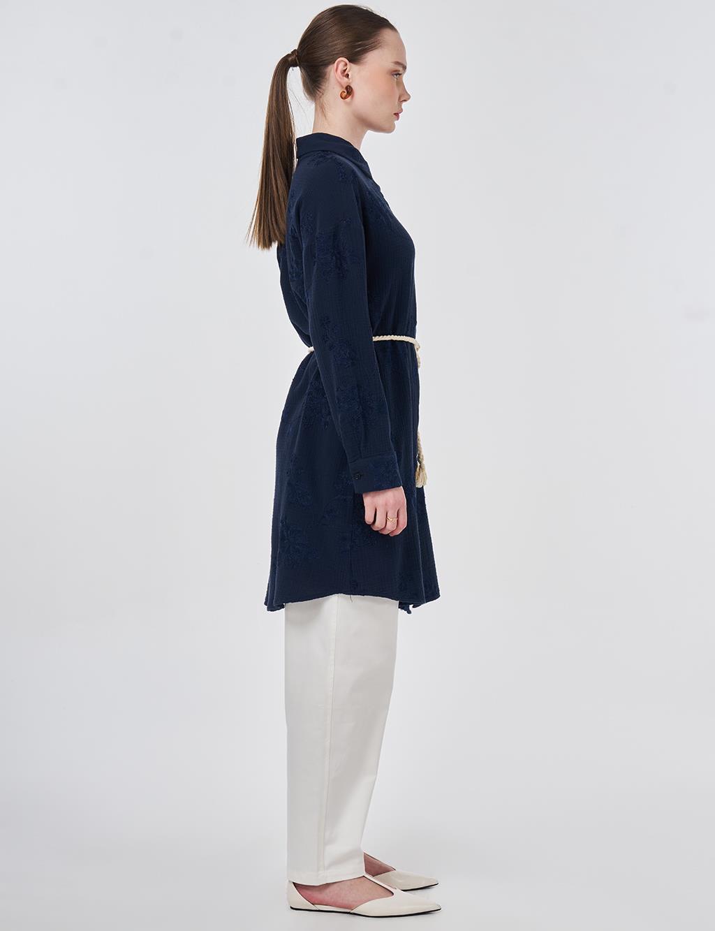 Hasır İp Kemer Detaylı Pamuklu Tunik Koyu Lacivert