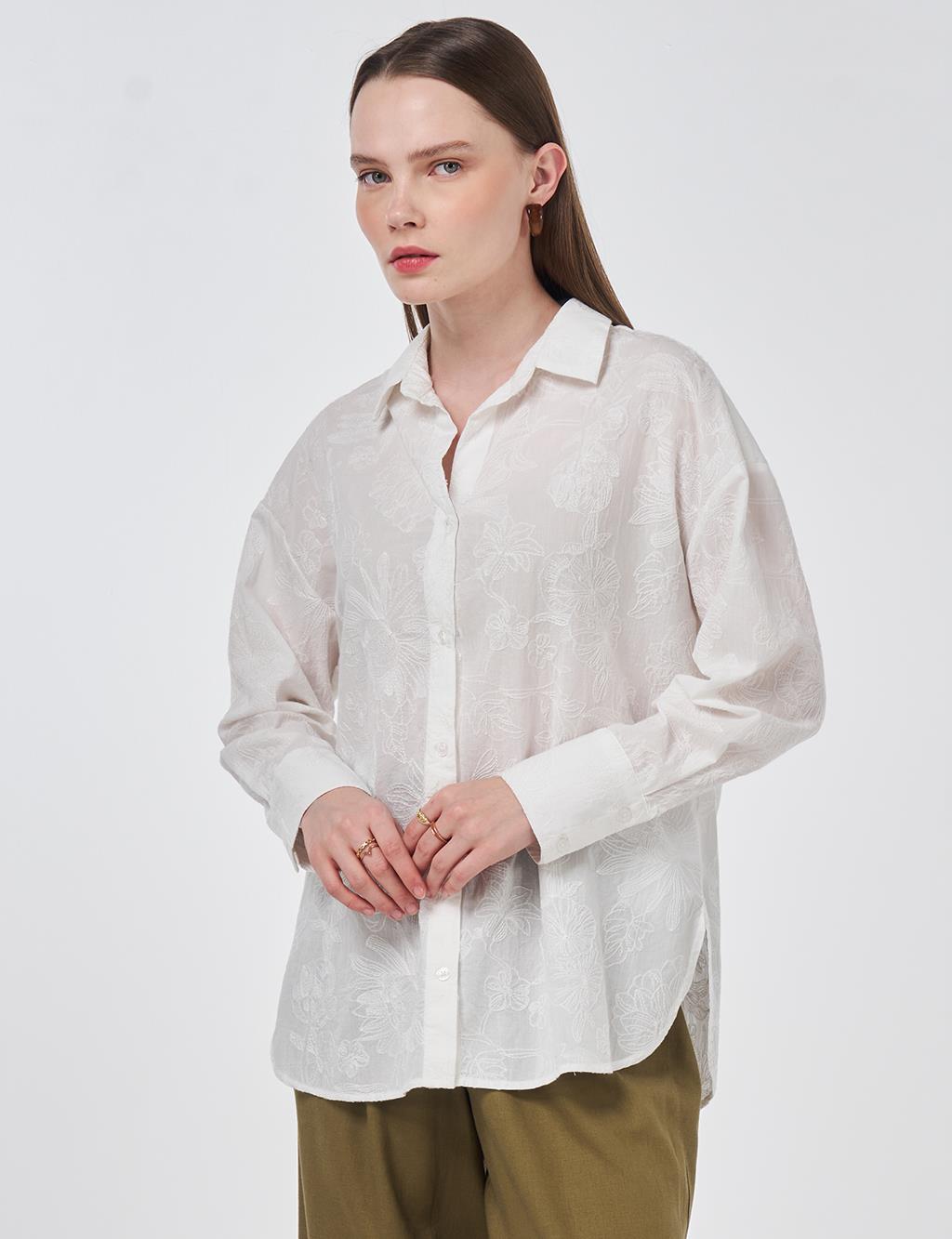 %100 Pamuklu Nakışlı Tunik Ekru 