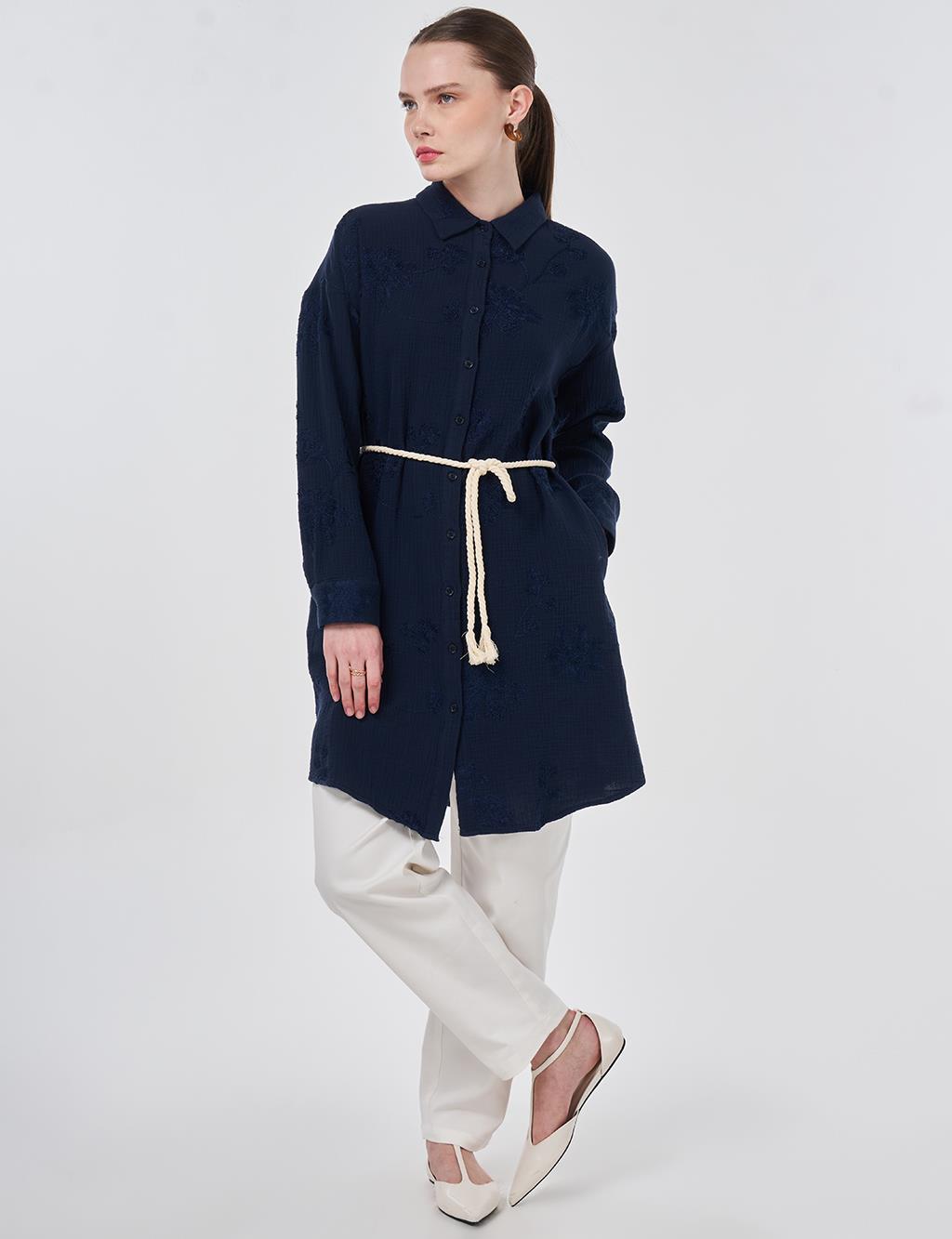 Hasır İp Kemer Detaylı Pamuklu Tunik Koyu Lacivert