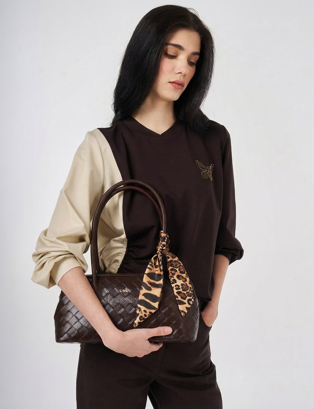 Woven Pattern Baguette Bag Dark Brown