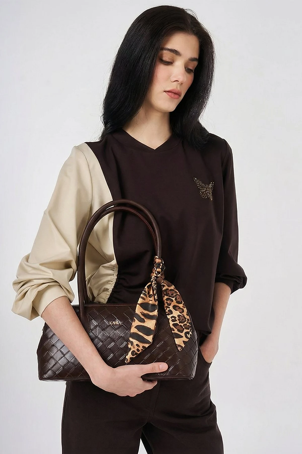 Woven Pattern Baguette Bag Dark Brown