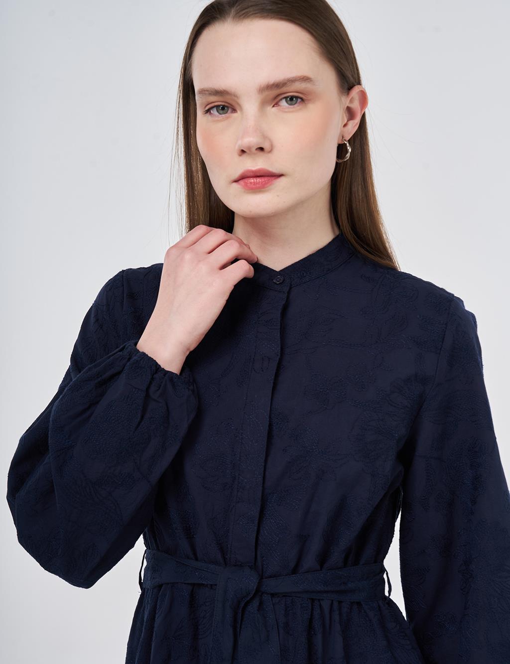 100% Cotton Embroidered Dress, Dark Navy