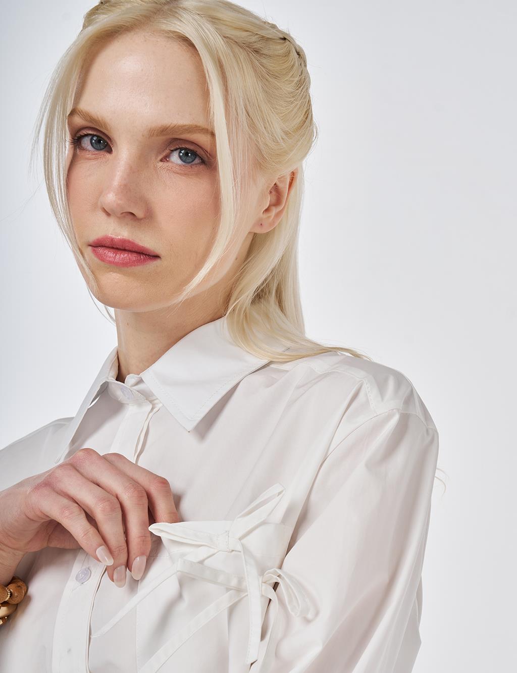 %100 Pamuklu Fiyonk Detaylı Bluz Optik Beyaz 