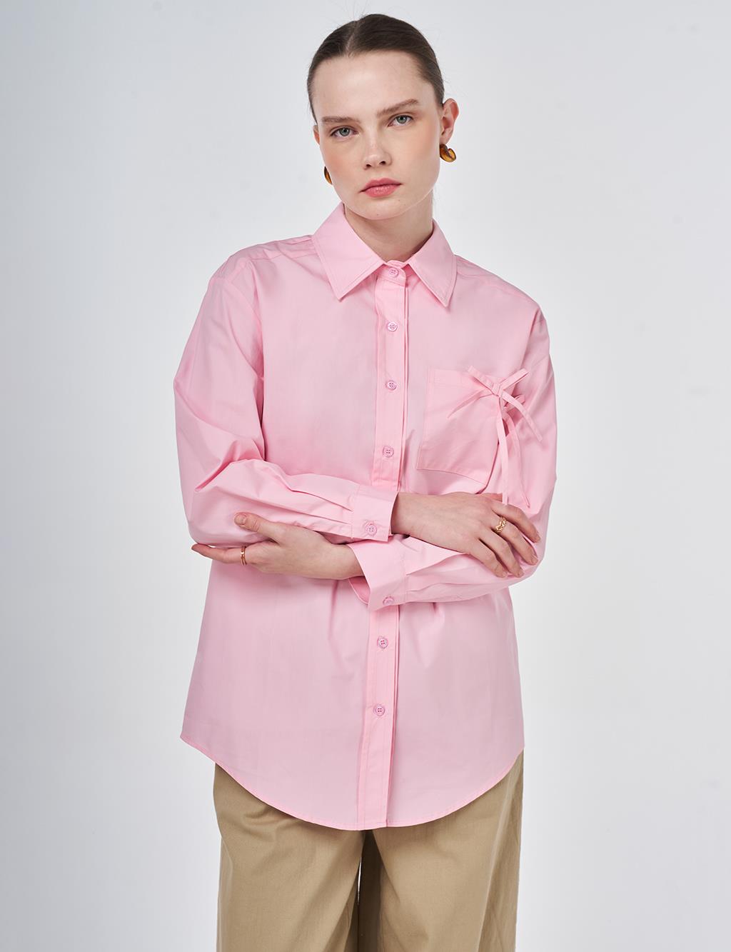 %100 Pamuklu Fiyonk Detaylı Bluz Şeker Pembe 