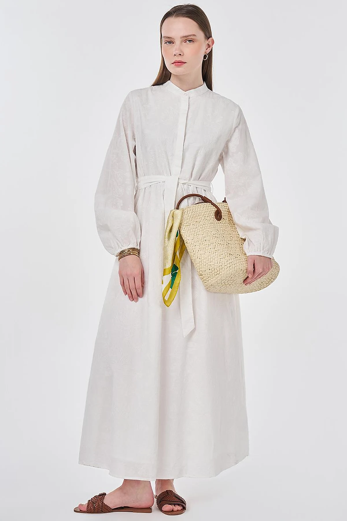 100% Cotton Embroidered Dress, Ecru