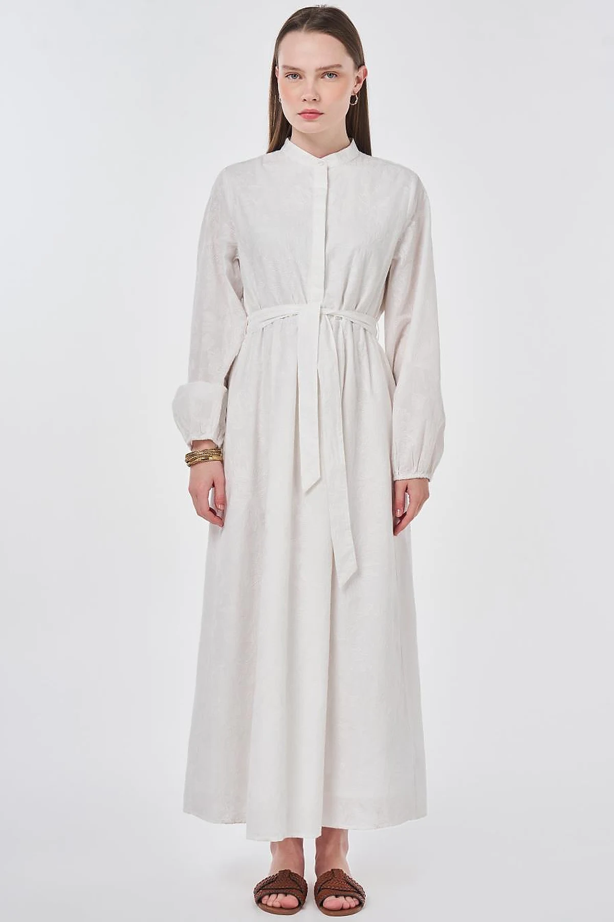 100% Cotton Embroidered Dress, Ecru