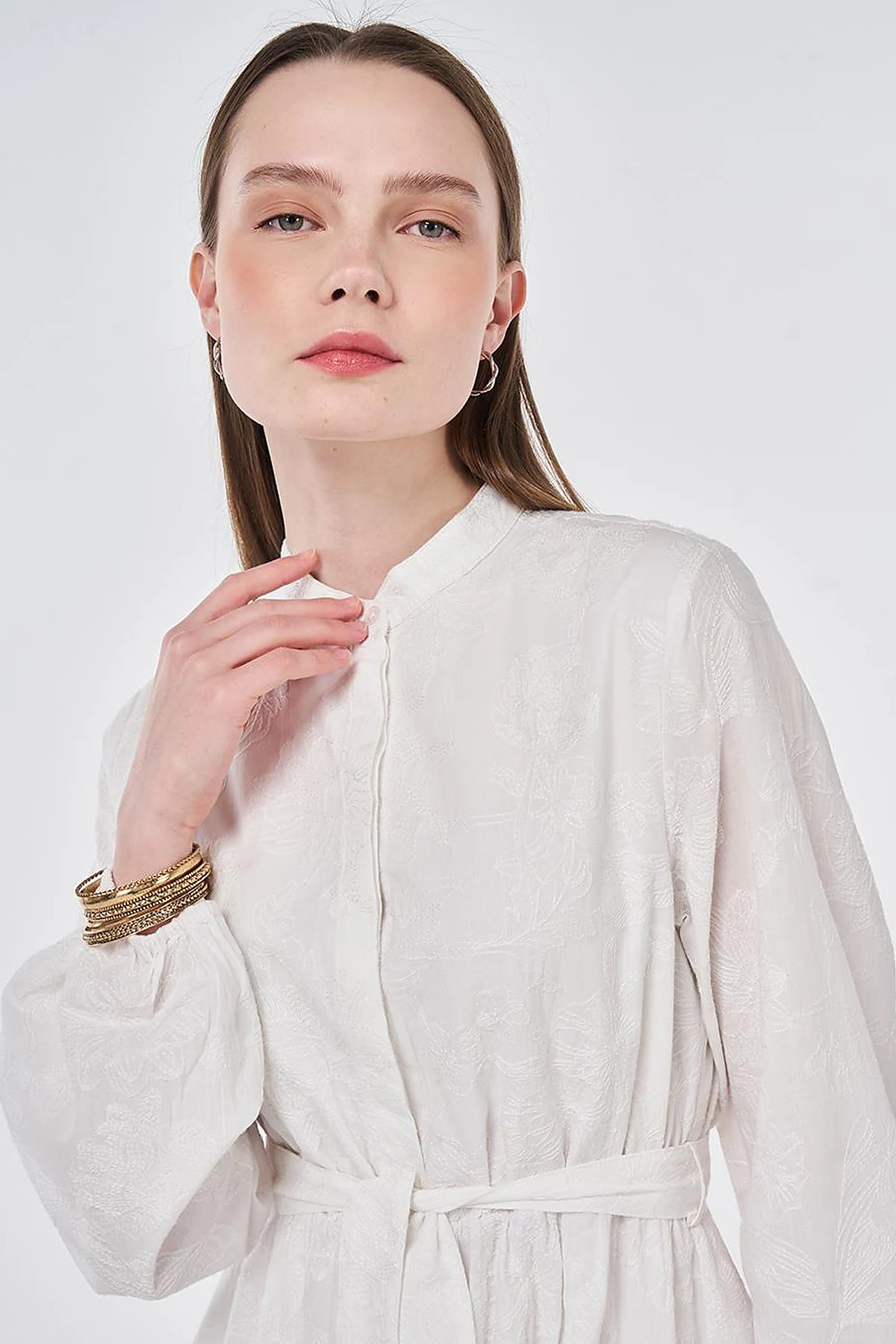 100% Cotton Embroidered Dress, Ecru